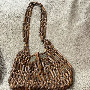WOMEN VINTAGE WOODEN BEAD BROWN LINED BOHO HANDBAG